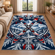Crossed skis emblem rug in a bright living room with a sofa
