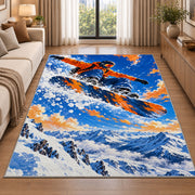 Snowboarder jump rug in a bright living room with a sofa