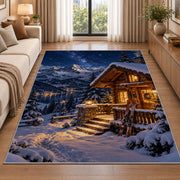 Ski cabin at night rug in a bright living room with a sofa