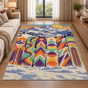 Retro snowboards rug in a bright living room with a sofa