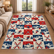 Checkered ski rug in a bright living room with a sofa