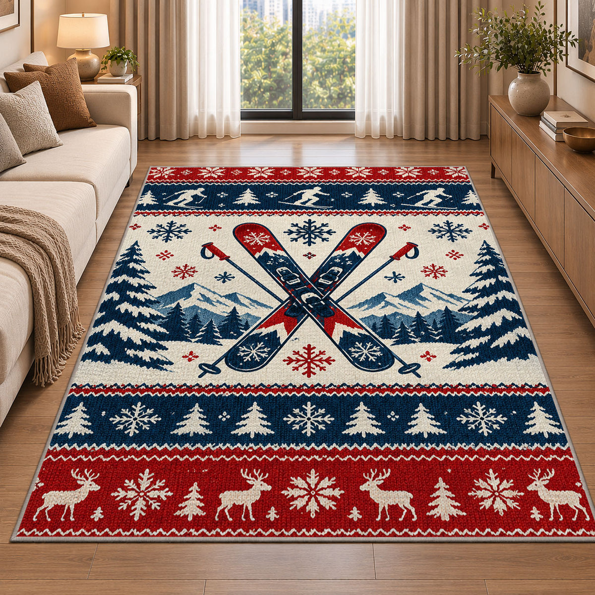 Nordic sweater skis rug in a bright living room with a sofa