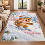 Teddy bear skier rug in a bright living room with a sofa