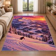 Sunset ski slope rug in a bright living room with a sofa