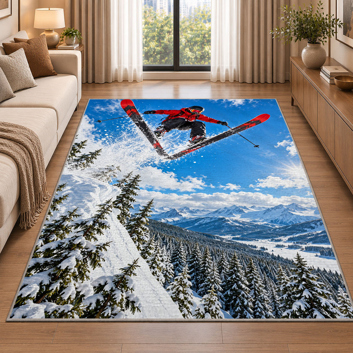 Ski jumper rug in a bright living room with a sofa