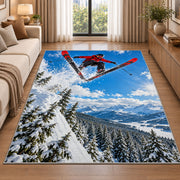Ski jumper rug in a bright living room with a sofa