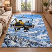 Chairlift skiers rug in a bright living room with a sofa