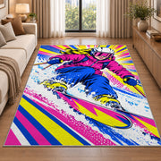 Pop art skier rug in a bright living room with a sofa