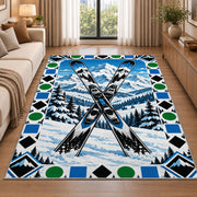 Trail difficulty symbols rug in a bright living room with a sofa