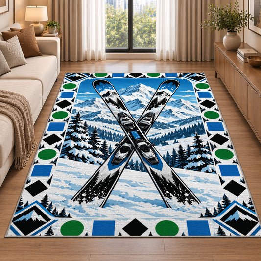 Trail difficulty symbols rug in a bright living room with a sofa