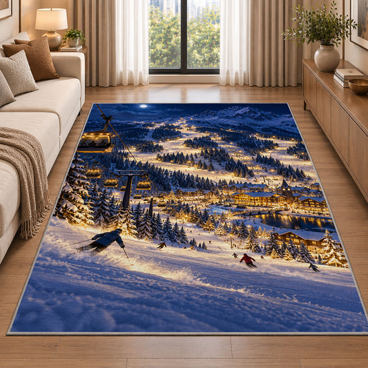 Night skiing resort rug in a bright living room with a sofa