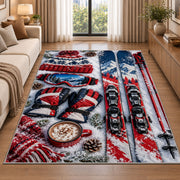 Ski gear flat lay rug in a bright living room with a sofa