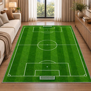 soccer field top view rug in a bright living room with a sofa