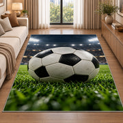 classic soccer ball under stadium lights rug in a bright living room with a sofa