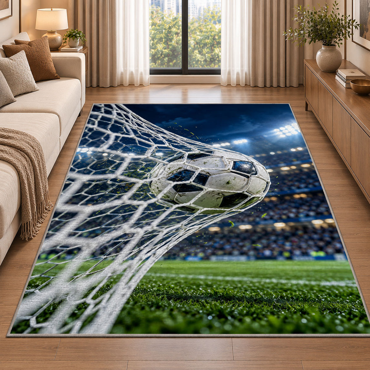 soccer ball hitting the net rug in a bright living room with a sofa