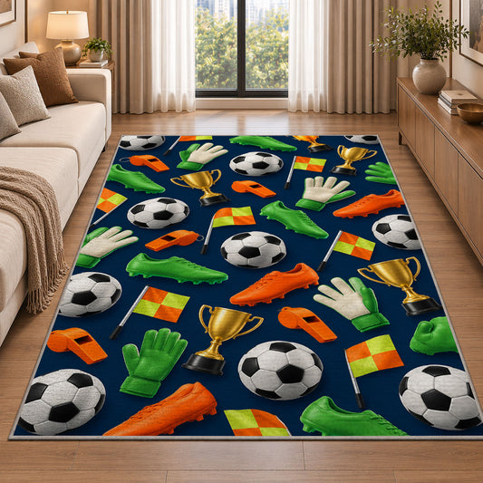 soccer gear pattern rug in a bright living room with a sofa