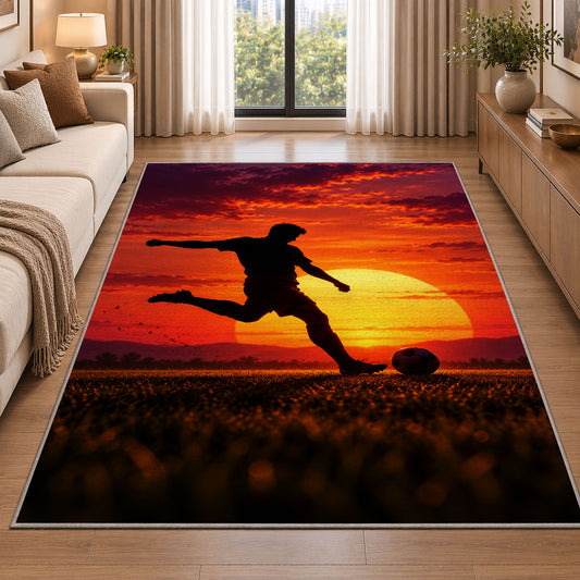 soccer player silhouette at sunset rug in a bright living room with a sofa