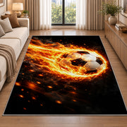 flaming soccer ball rug in a bright living room with a sofa