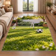 backyard soccer goal rug in a bright living room with a sofa