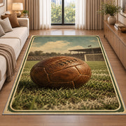 vintage leather soccer ball rug in a bright living room with a sofa