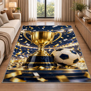 gold trophy and soccer ball rug in a bright living room with a sofa
