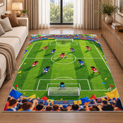 cartoon kids soccer match rug in a bright living room with a sofa
