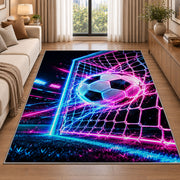 neon soccer ball and goal rug in a bright living room with a sofa
