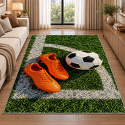 orange soccer cleats and ball rug in a bright living room with a sofa