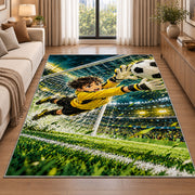 goalkeeper diving save rug in a bright living room with a sofa