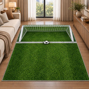 soccer goal top view rug in a bright living room with a sofa