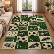 retro checkered soccer pattern rug in a bright living room with a sofa