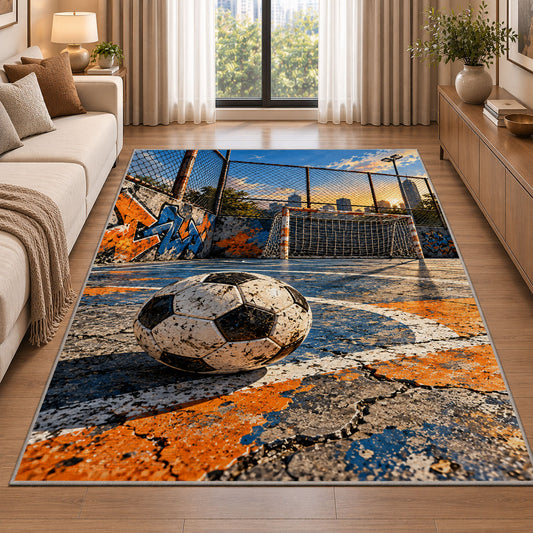 street soccer court rug in a bright living room with a sofa