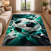 low poly geometric soccer ball rug in a bright living room with a sofa