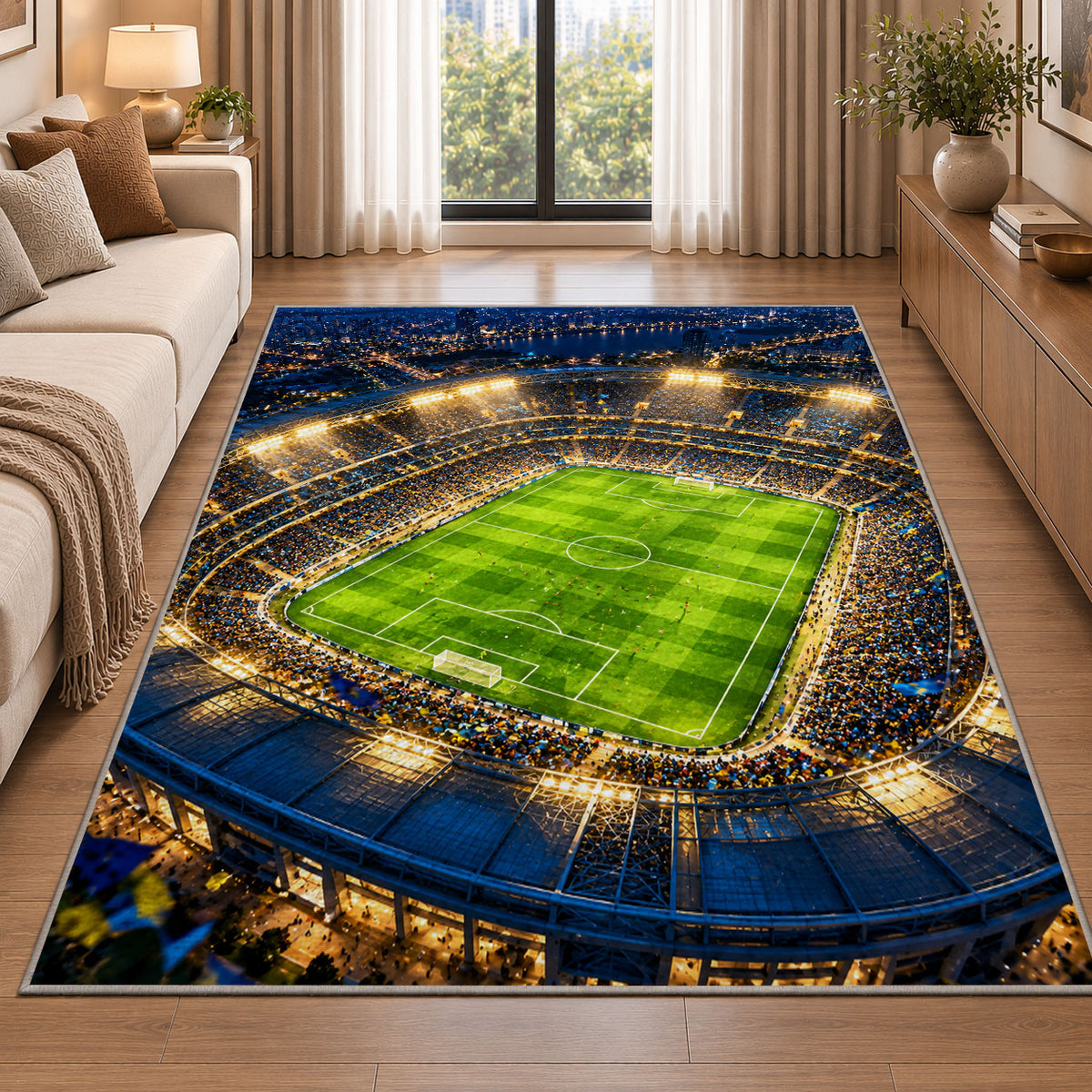 soccer stadium at night rug in a bright living room with a sofa