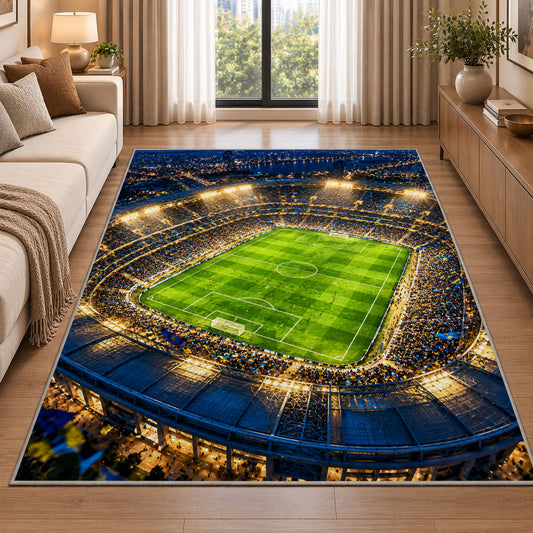 soccer stadium at night rug in a bright living room with a sofa
