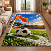 corner flag and soccer ball rug in a bright living room with a sofa