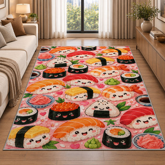 Kawaii Sushi Rug in a bright living room with a sofa
