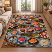Conveyor Belt Sushi Rug in a bright living room with a sofa