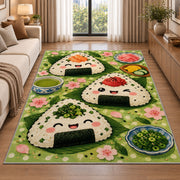 Onigiri Rice Ball Rug in a bright living room with a sofa