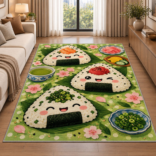 Onigiri Rice Ball Rug in a bright living room with a sofa