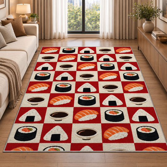 Checkered Sushi Rug in a bright living room with a sofa