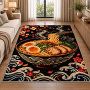 Ramen Bowl on Black Rug in a bright living room with a sofa