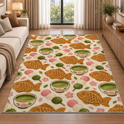 Taiyaki and Matcha Rug in a bright living room with a sofa