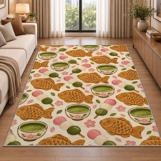 Taiyaki and Matcha Rug in a bright living room with a sofa
