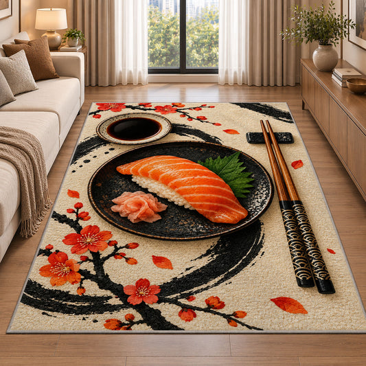 Minimalist Sushi Rug in a bright living room with a sofa
