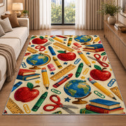 School Supplies Pattern Rug in a bright living room with a sofa
