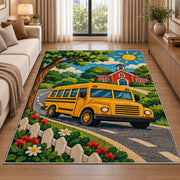 School Bus Rug in a bright living room with a sofa