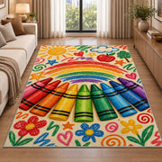 Crayon Rainbow Rug in a bright living room with a sofa