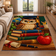 Wise Owl Teacher Rug in a bright living room with a sofa