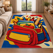Backpack School Rug in a bright living room with a sofa